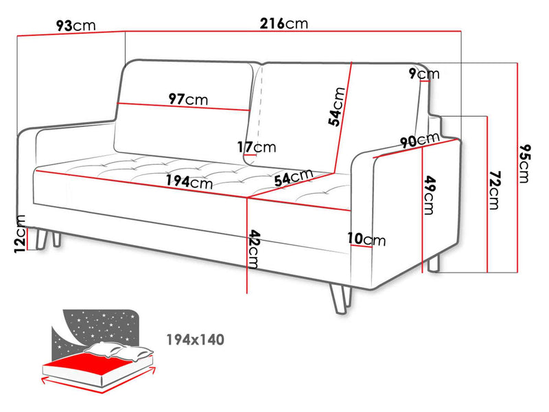Dimenzije - Sofa Malmo LM