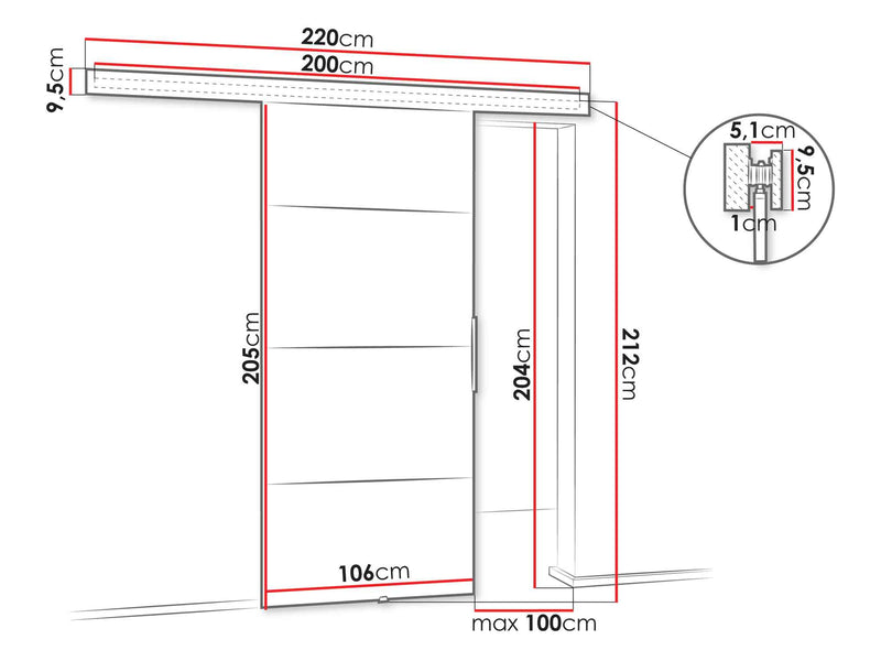 Dimenzije - Unutarnja klizna vrata Malibu Plus 100