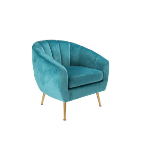 elegantna plava fotelja sa zlatnim nogicama slikana s lijeve strane