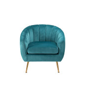 elegantna plava fotelja sa zlatnim nogicama slikana s prednje strane