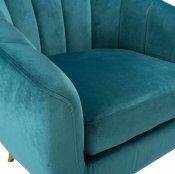 elegantna plava fotelja sa zlatnim nogicama s detaljem sjedišta