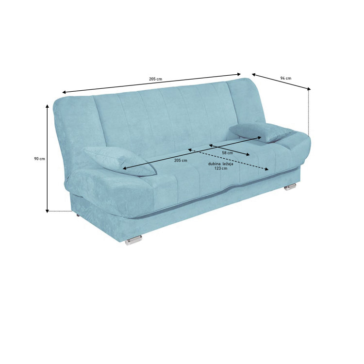 Kauč Tiko Lux s ucrtanim dimenzijama