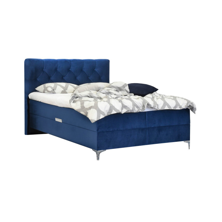 plavi Boxspring krevet Deluxe namješten slikan s prednje lieve strane