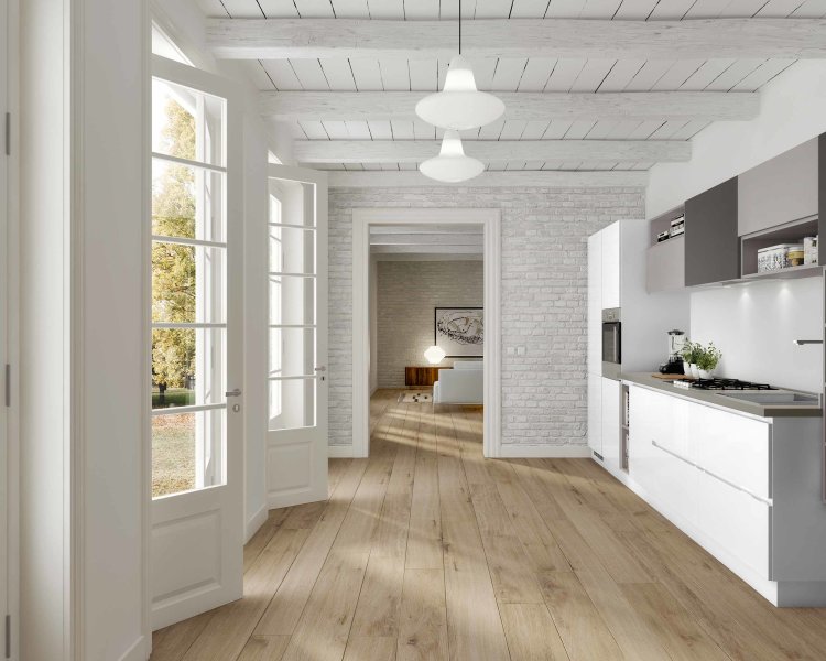 kuhinja Gloss minimalna bijela slikana s desne strane