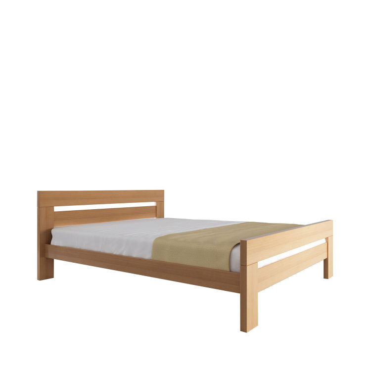 krevet Nex u prirodnoj boji drva slikan s lijeve strane na bijeloj pozadini