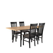 stol oslo u boji svijetlog drveta s crnim nogama i stolicama