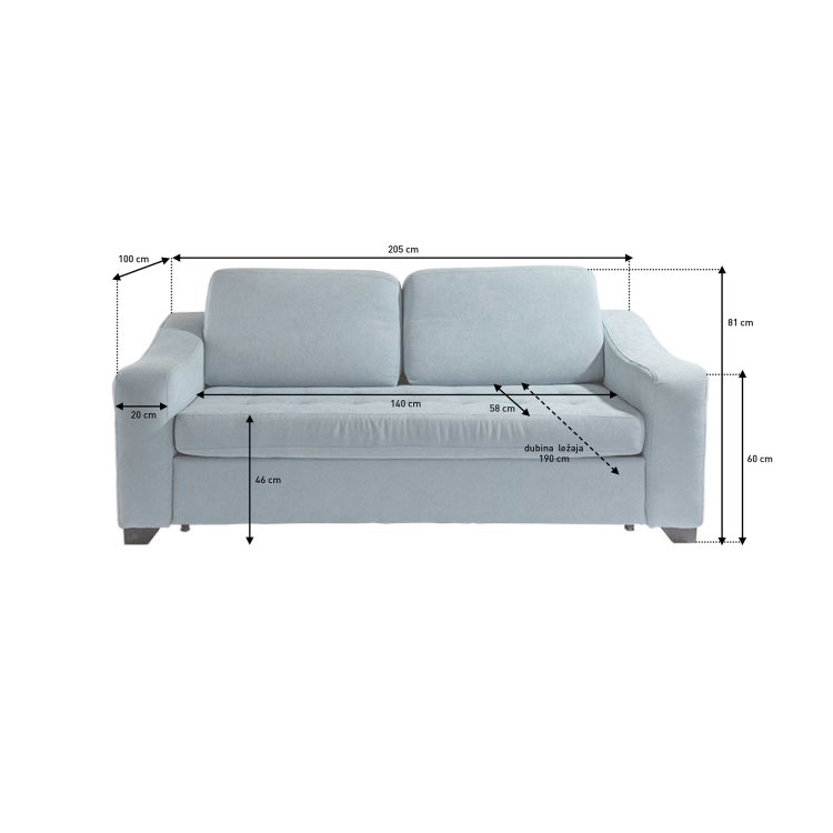 trosjed Kuba Sofa Bed s ucrtanim dimenzijama