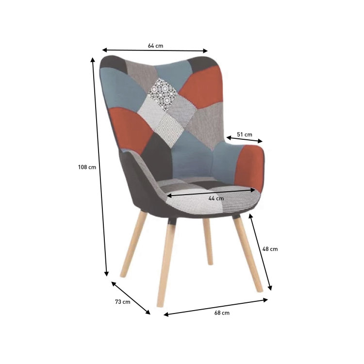 moderna višebojna fotelja Leyla s ucrtanim dimenzijama